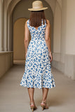 White Blue Printed A Line Long Summer Dress with Ruffles