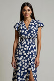 White Black Leopard Printed A Line V-Neck Long Work Dress