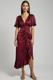 A-Line Burgundy V-Neck Ruched Work Dress
