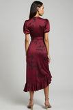 A-Line Burgundy V-Neck Ruched Work Dress