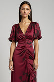 A-Line Burgundy V-Neck Ruched Work Dress