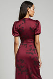 A-Line Burgundy V-Neck Ruched Work Dress