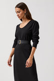 Black Round Neck Long Sleeve Work Dress with Belt