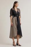 Black Printed A Line V-Neck Long Work Dress With Sleeves