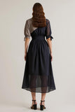 Black Printed A Line V-Neck Long Work Dress With Sleeves