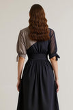 Black Printed A Line V-Neck Long Work Dress With Sleeves