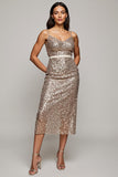 Sparkly Golden Bodycon Spaghetti Straps Long Work Dress with Sequins