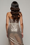 Sparkly Golden Bodycon Spaghetti Straps Long Work Dress with Sequins
