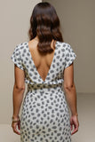 White Blue Printed V-Neck Waisted Long Work Dress