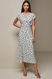 White Blue Printed V-Neck Waisted Long Work Dress