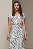 White Blue Printed V-Neck Waisted Long Work Dress