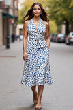 A Line White and Blue Leopard Printed Halter Neck Long Work Dress