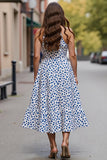A Line White and Blue Leopard Printed Halter Neck Long Work Dress
