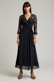 Navy A-Line V-Neck Appliques Work Dress with Sleeves