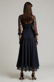 Navy A-Line V-Neck Appliques Work Dress with Sleeves