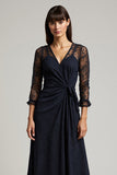 Navy A-Line V-Neck Appliques Work Dress with Sleeves