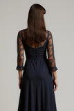 Navy A-Line V-Neck Appliques Work Dress with Sleeves