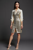 Sparkly Golden Bodycon V-Neck Work Dress with Sequins