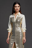 Sparkly Golden Bodycon V-Neck Work Dress with Sequins