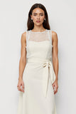 White Round Neck Lace Sleeveless Work Dress with Bow