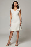 White A-Line V-Neck Ruffled Backless Work Dress with 3D Flower
