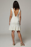 White A-Line V-Neck Ruffled Backless Work Dress with 3D Flower