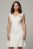 White A-Line V-Neck Ruffled Backless Work Dress with 3D Flower