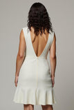 White A-Line V-Neck Ruffled Backless Work Dress with 3D Flower