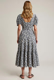 White Black Flower Printed A-Line Square Neck Work Dress with Puff Sleeves