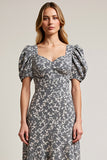 White Black Flower Printed A-Line Square Neck Work Dress with Puff Sleeves