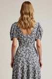 White Black Flower Printed A-Line Square Neck Work Dress with Puff Sleeves