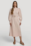 High Neck Grey Pink A Line Work Dress with Belt