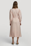 High Neck Grey Pink A Line Work Dress with Belt