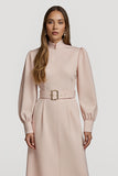 High Neck Grey Pink A Line Work Dress with Belt