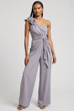 Gery Purple Ruched 3D Flower One Shoulder Work Jumpsuits