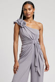 Gery Purple Ruched 3D Flower One Shoulder Work Jumpsuits