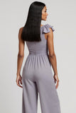 Gery Purple Ruched 3D Flower One Shoulder Work Jumpsuits