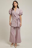 Grey Pink 2 Piece V Neck Work Dress with Belt