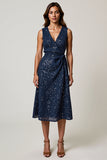 Sparkly V Neck A Line Navy Ruched Work Dress