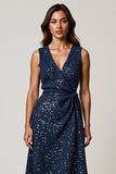 Sparkly V Neck A Line Navy Ruched Work Dress