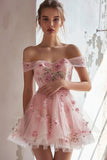 Pink Floral Embroidery Tulle Off the Shoulder Short Homecoming Dress