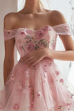 Pink Floral Embroidery Tulle Off the Shoulder Short Homecoming Dress