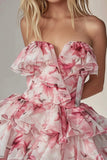 Pink Floral Strapless Short Homecoming Dress with Ruffles