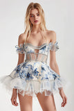 White Blue Floral Off the Shoulder A Line Homecoming Dress with Ruffles