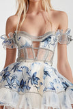 White Blue Floral Off the Shoulder A Line Homecoming Dress with Ruffles