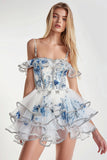 Cold Shoulder Tiered Corset White Blue Floral Homecoming Dress