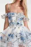 Cold Shoulder Tiered Corset White Blue Floral Homecoming Dress