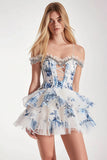 White Blue Floral Cold Shoulder A Line Short Homecoming Dress