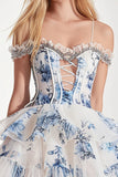 White Blue Floral Cold Shoulder A Line Short Homecoming Dress