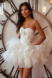 Ruffled Strapless White A Line Homecoming Dress